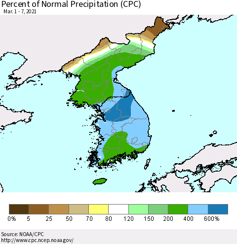Korea Percent of Normal Precipitation (CPC) Thematic Map For 3/1/2021 - 3/7/2021
