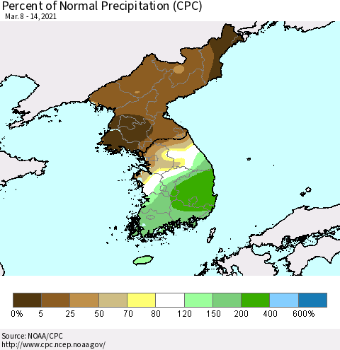 Korea Percent of Normal Precipitation (CPC) Thematic Map For 3/8/2021 - 3/14/2021