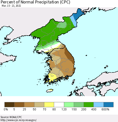 Korea Percent of Normal Precipitation (CPC) Thematic Map For 3/15/2021 - 3/21/2021