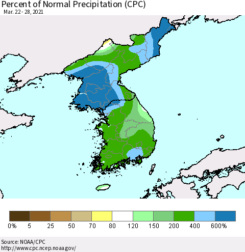 Korea Percent of Normal Precipitation (CPC) Thematic Map For 3/22/2021 - 3/28/2021
