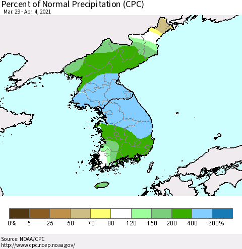 Korea Percent of Normal Precipitation (CPC) Thematic Map For 3/29/2021 - 4/4/2021