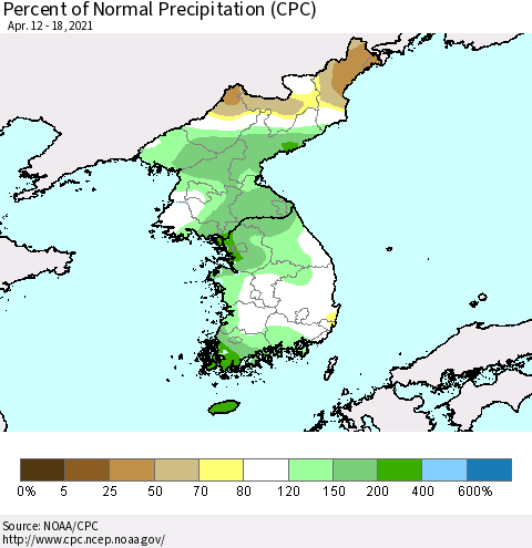 Korea Percent of Normal Precipitation (CPC) Thematic Map For 4/12/2021 - 4/18/2021