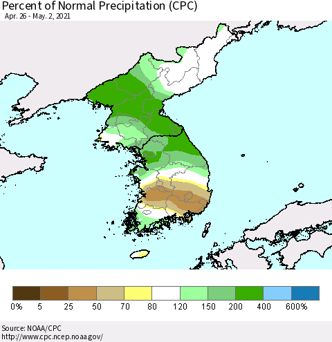 Korea Percent of Normal Precipitation (CPC) Thematic Map For 4/26/2021 - 5/2/2021