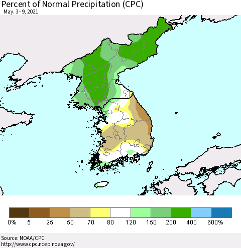 Korea Percent of Normal Precipitation (CPC) Thematic Map For 5/3/2021 - 5/9/2021