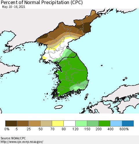 Korea Percent of Normal Precipitation (CPC) Thematic Map For 5/10/2021 - 5/16/2021