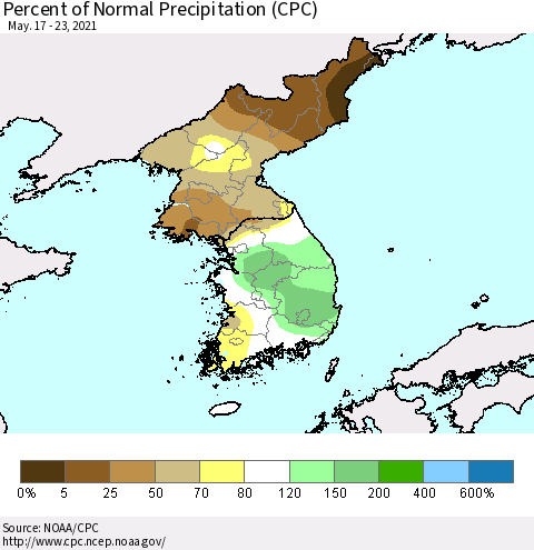 Korea Percent of Normal Precipitation (CPC) Thematic Map For 5/17/2021 - 5/23/2021