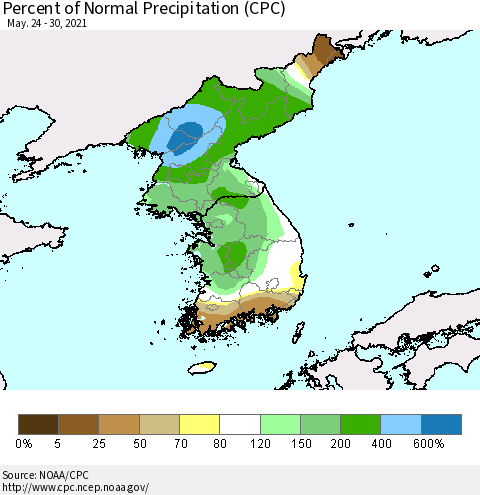 Korea Percent of Normal Precipitation (CPC) Thematic Map For 5/24/2021 - 5/30/2021