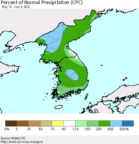 Korea Percent of Normal Precipitation (CPC) Thematic Map For 5/31/2021 - 6/6/2021