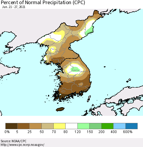 Korea Percent of Normal Precipitation (CPC) Thematic Map For 6/21/2021 - 6/27/2021