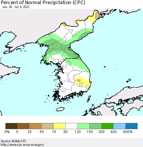 Korea Percent of Normal Precipitation (CPC) Thematic Map For 6/28/2021 - 7/4/2021
