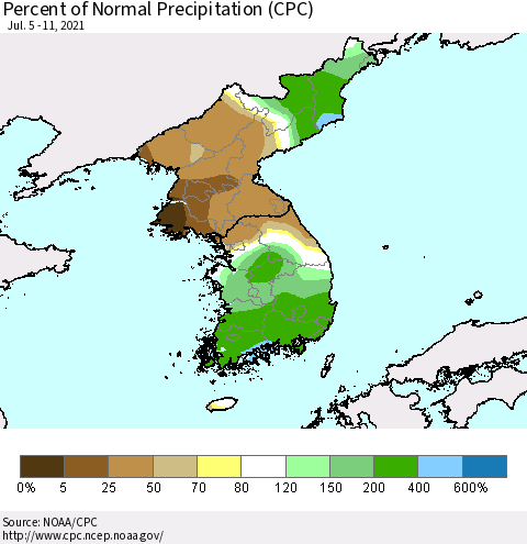 Korea Percent of Normal Precipitation (CPC) Thematic Map For 7/5/2021 - 7/11/2021