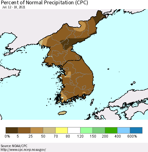 Korea Percent of Normal Precipitation (CPC) Thematic Map For 7/12/2021 - 7/18/2021