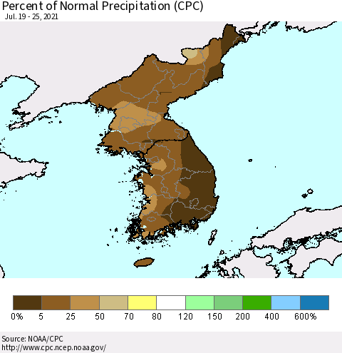 Korea Percent of Normal Precipitation (CPC) Thematic Map For 7/19/2021 - 7/25/2021