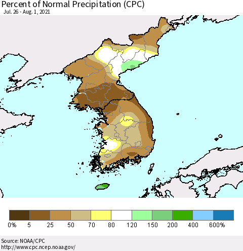 Korea Percent of Normal Precipitation (CPC) Thematic Map For 7/26/2021 - 8/1/2021