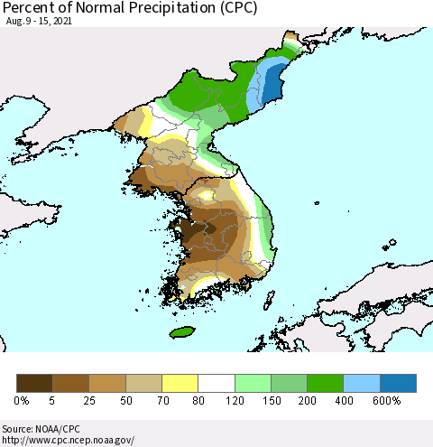 Korea Percent of Normal Precipitation (CPC) Thematic Map For 8/9/2021 - 8/15/2021