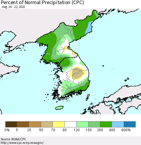 Korea Percent of Normal Precipitation (CPC) Thematic Map For 8/16/2021 - 8/22/2021