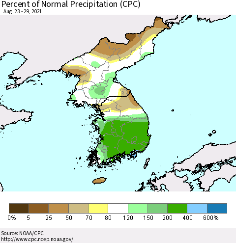 Korea Percent of Normal Precipitation (CPC) Thematic Map For 8/23/2021 - 8/29/2021