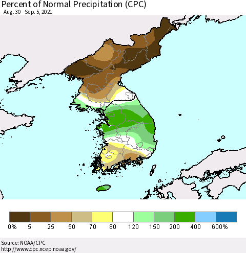 Korea Percent of Normal Precipitation (CPC) Thematic Map For 8/30/2021 - 9/5/2021