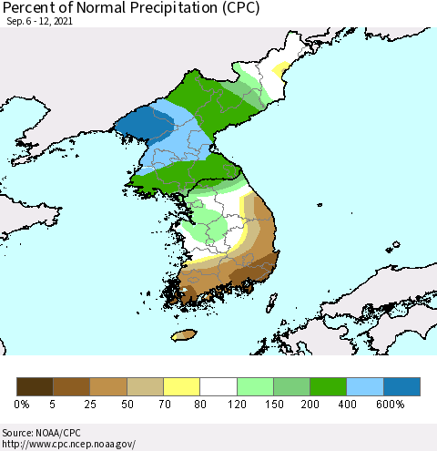Korea Percent of Normal Precipitation (CPC) Thematic Map For 9/6/2021 - 9/12/2021