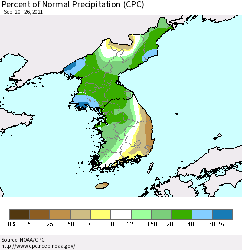 Korea Percent of Normal Precipitation (CPC) Thematic Map For 9/20/2021 - 9/26/2021