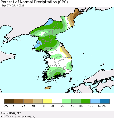 Korea Percent of Normal Precipitation (CPC) Thematic Map For 9/27/2021 - 10/3/2021