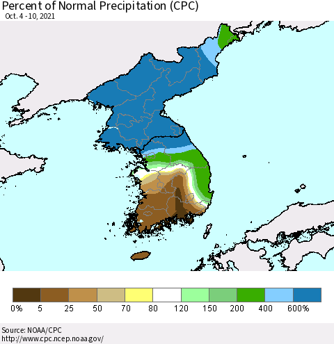 Korea Percent of Normal Precipitation (CPC) Thematic Map For 10/4/2021 - 10/10/2021