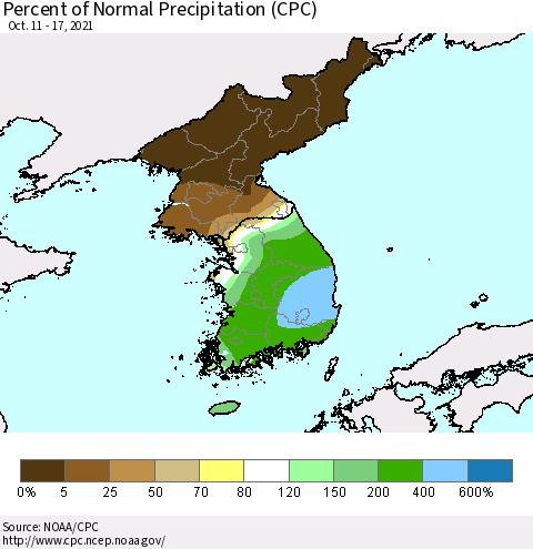 Korea Percent of Normal Precipitation (CPC) Thematic Map For 10/11/2021 - 10/17/2021