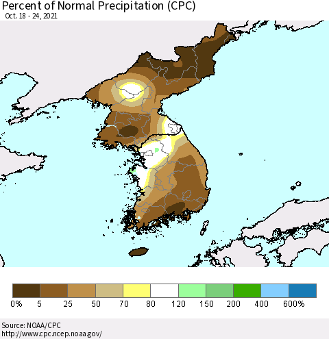 Korea Percent of Normal Precipitation (CPC) Thematic Map For 10/18/2021 - 10/24/2021