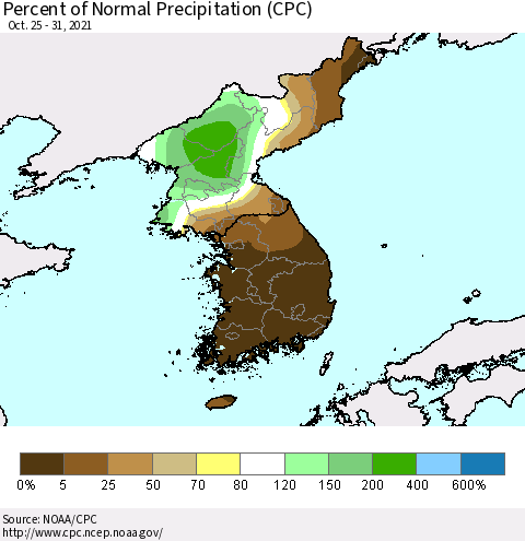 Korea Percent of Normal Precipitation (CPC) Thematic Map For 10/25/2021 - 10/31/2021