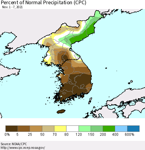 Korea Percent of Normal Precipitation (CPC) Thematic Map For 11/1/2021 - 11/7/2021