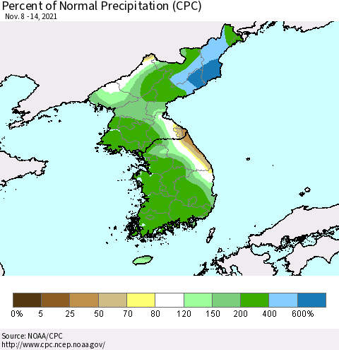 Korea Percent of Normal Precipitation (CPC) Thematic Map For 11/8/2021 - 11/14/2021