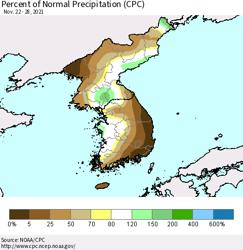 Korea Percent of Normal Precipitation (CPC) Thematic Map For 11/22/2021 - 11/28/2021