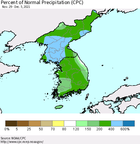 Korea Percent of Normal Precipitation (CPC) Thematic Map For 11/29/2021 - 12/5/2021