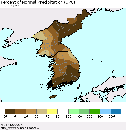 Korea Percent of Normal Precipitation (CPC) Thematic Map For 12/6/2021 - 12/12/2021