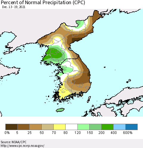 Korea Percent of Normal Precipitation (CPC) Thematic Map For 12/13/2021 - 12/19/2021