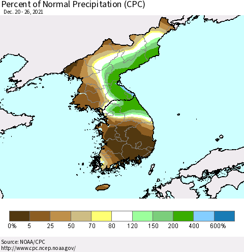 Korea Percent of Normal Precipitation (CPC) Thematic Map For 12/20/2021 - 12/26/2021