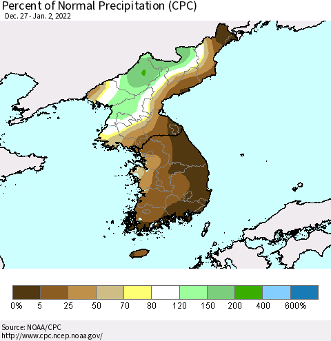 Korea Percent of Normal Precipitation (CPC) Thematic Map For 12/27/2021 - 1/2/2022