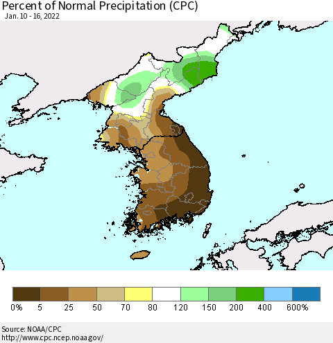 Korea Percent of Normal Precipitation (CPC) Thematic Map For 1/10/2022 - 1/16/2022