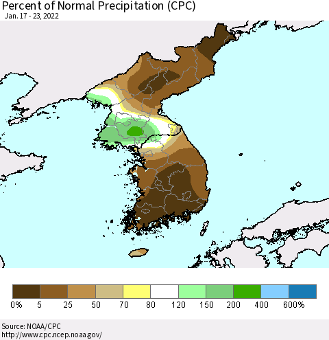 Korea Percent of Normal Precipitation (CPC) Thematic Map For 1/17/2022 - 1/23/2022