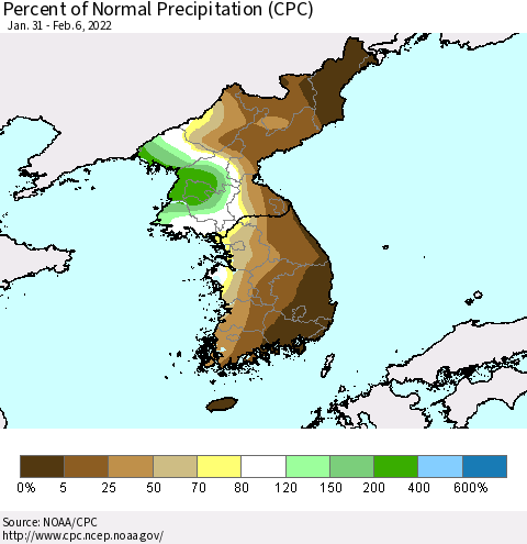 Korea Percent of Normal Precipitation (CPC) Thematic Map For 1/31/2022 - 2/6/2022