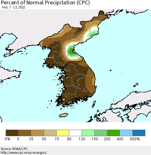 Korea Percent of Normal Precipitation (CPC) Thematic Map For 2/7/2022 - 2/13/2022