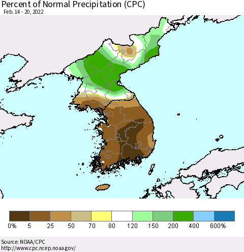 Korea Percent of Normal Precipitation (CPC) Thematic Map For 2/14/2022 - 2/20/2022