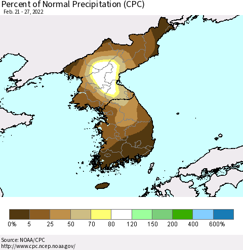 Korea Percent of Normal Precipitation (CPC) Thematic Map For 2/21/2022 - 2/27/2022