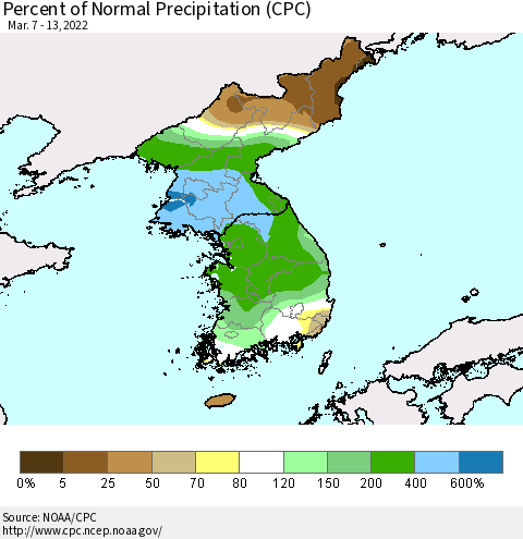 Korea Percent of Normal Precipitation (CPC) Thematic Map For 3/7/2022 - 3/13/2022