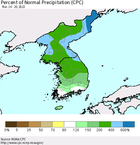 Korea Percent of Normal Precipitation (CPC) Thematic Map For 3/14/2022 - 3/20/2022