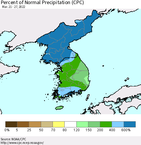 Korea Percent of Normal Precipitation (CPC) Thematic Map For 3/21/2022 - 3/27/2022