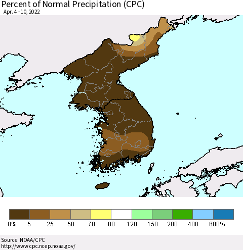 Korea Percent of Normal Precipitation (CPC) Thematic Map For 4/4/2022 - 4/10/2022