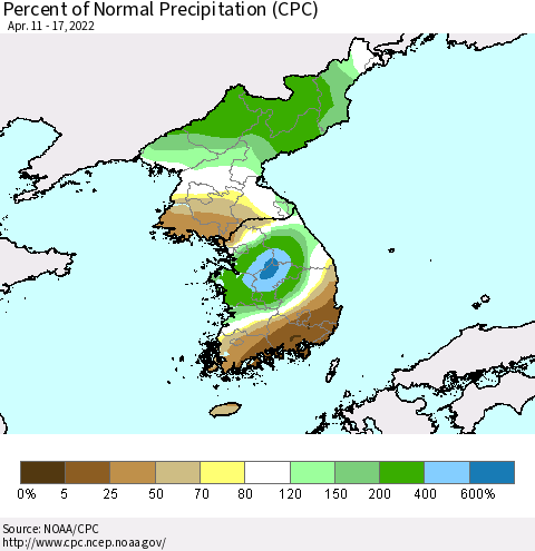 Korea Percent of Normal Precipitation (CPC) Thematic Map For 4/11/2022 - 4/17/2022