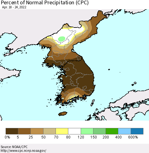 Korea Percent of Normal Precipitation (CPC) Thematic Map For 4/18/2022 - 4/24/2022