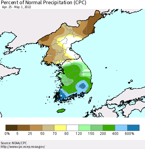 Korea Percent of Normal Precipitation (CPC) Thematic Map For 4/25/2022 - 5/1/2022